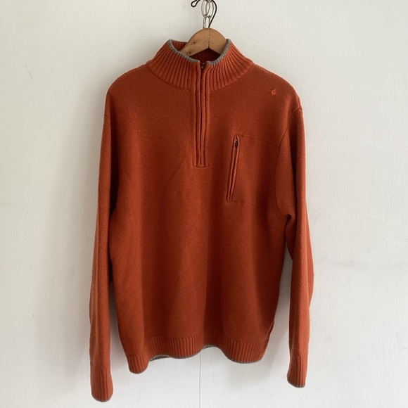 Ibex orange quarter zip superwash wool ribbed neck and cuffs visibly repaired XL